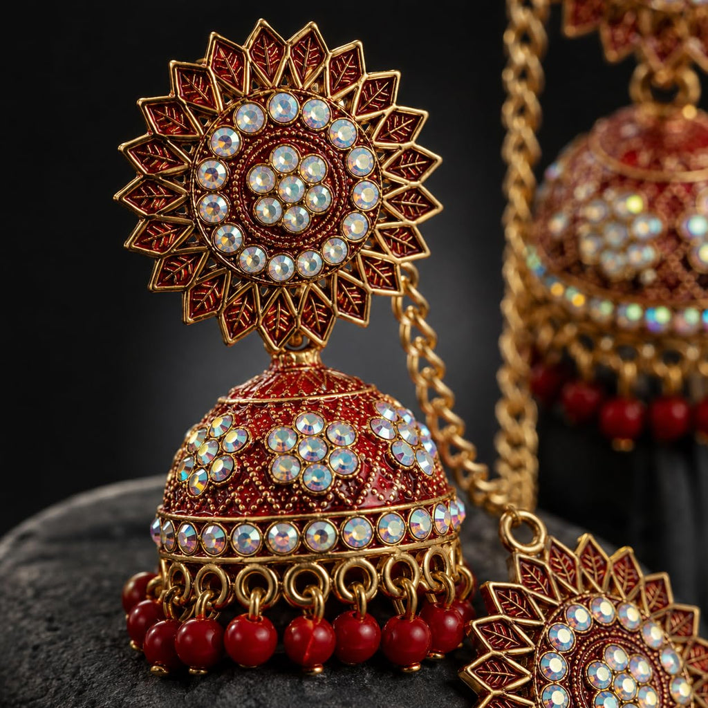 Aishri Red Stone Jhumka Earrings with Maang Tikka Set