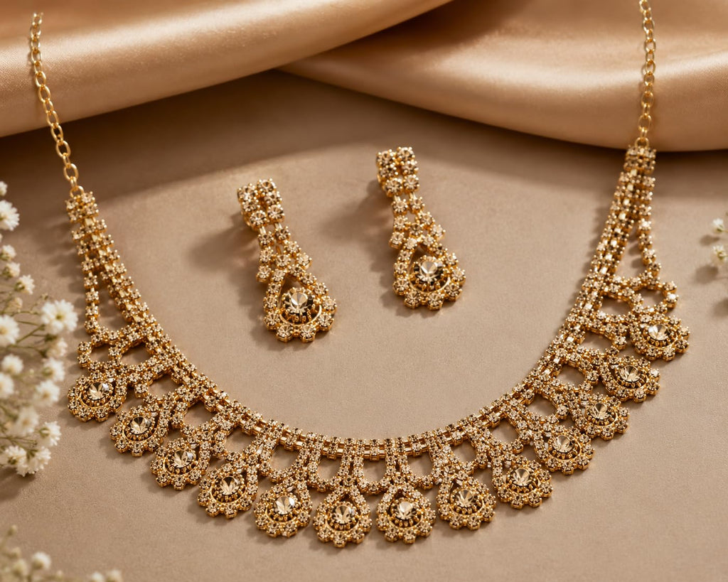 Aishri Champagne American Diamond Necklace Set with Matching Earrings