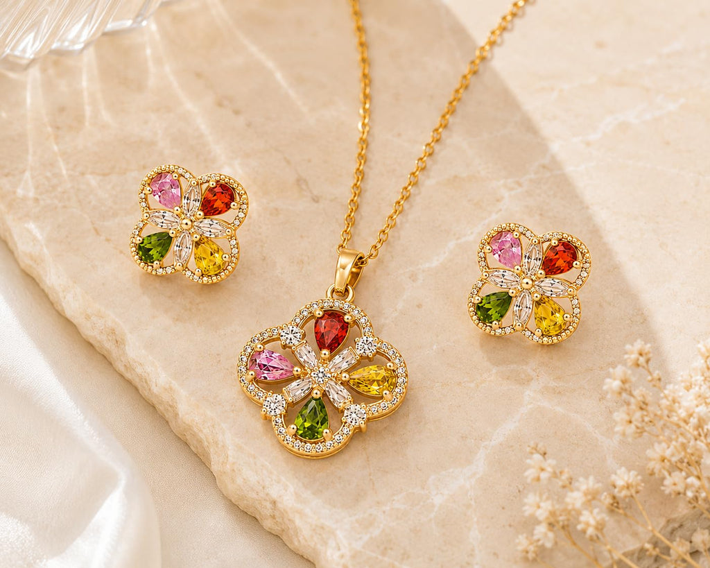 Aishri Multicolor Crystal Flower Pendant Necklace Set with Matching Stud Earrings
