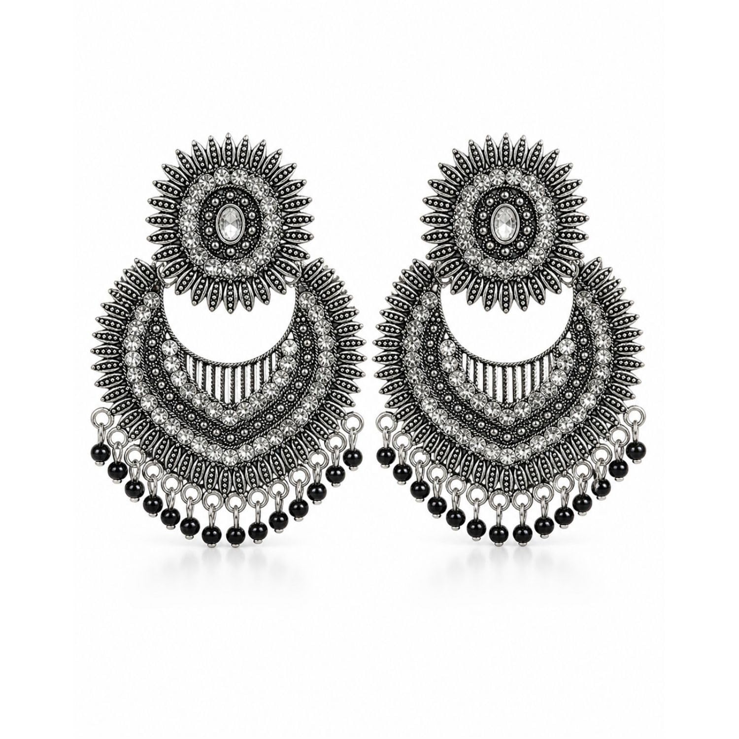 Aishri Oxidised Silver Tone Chandbali Dangle Earrings