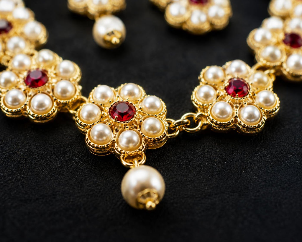 Aishri Ruby Floral Pearl Necklace Set