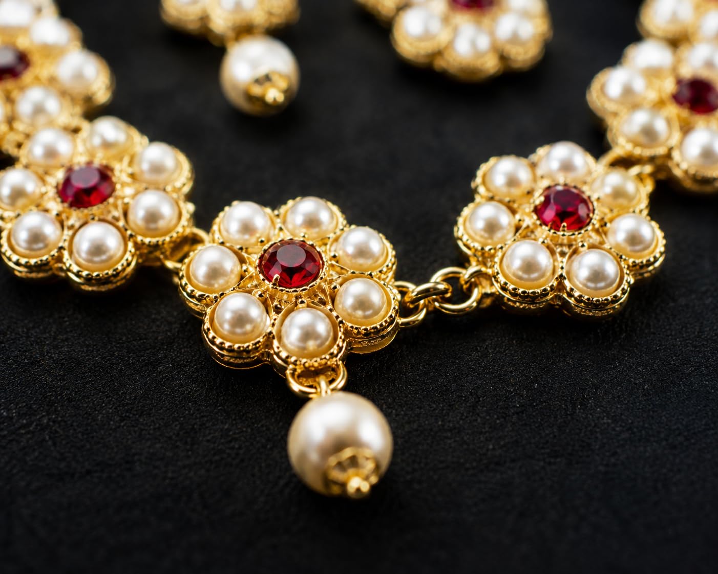 Aishri Ruby Floral Pearl Necklace Set