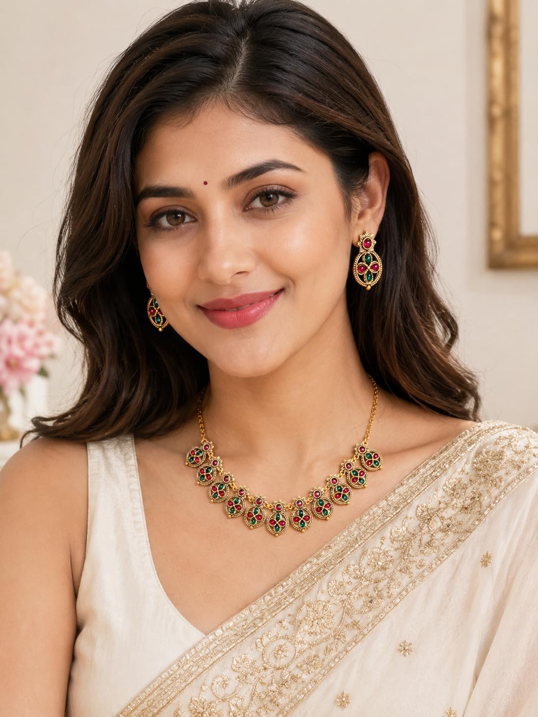 Aishri Traditional Red Green Stone Necklace Set with Matching Earrings