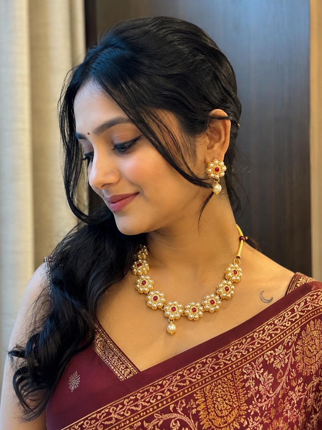 Aishri Ruby Floral Pearl Necklace Set