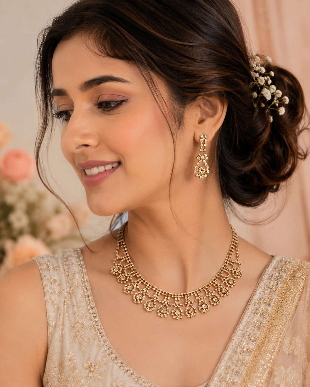 Aishri Champagne American Diamond Necklace Set with Matching Earrings