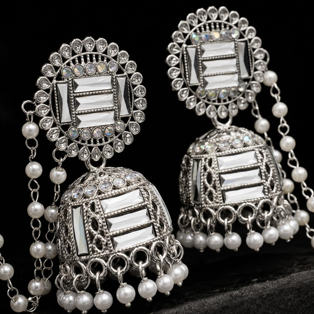 Aishri Silver Tone Jhumka Earrings with Pearl Sahara Chain Bridal Jewellery