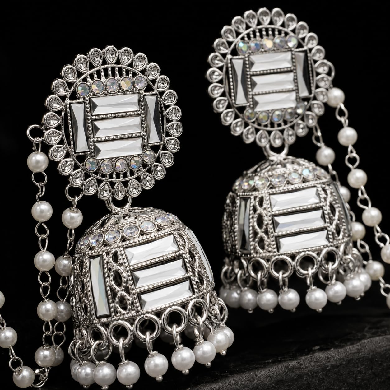 Aishri Silver Tone Jhumka Earrings with Pearl Sahara Chain Bridal Jewellery