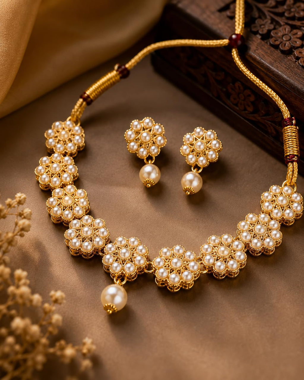 Aishri Pearl Floral Necklace Set