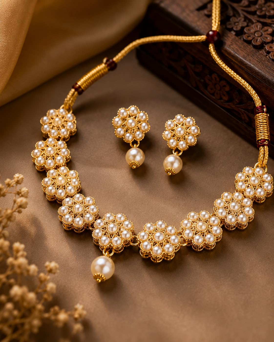Aishri Pearl Floral Necklace Set