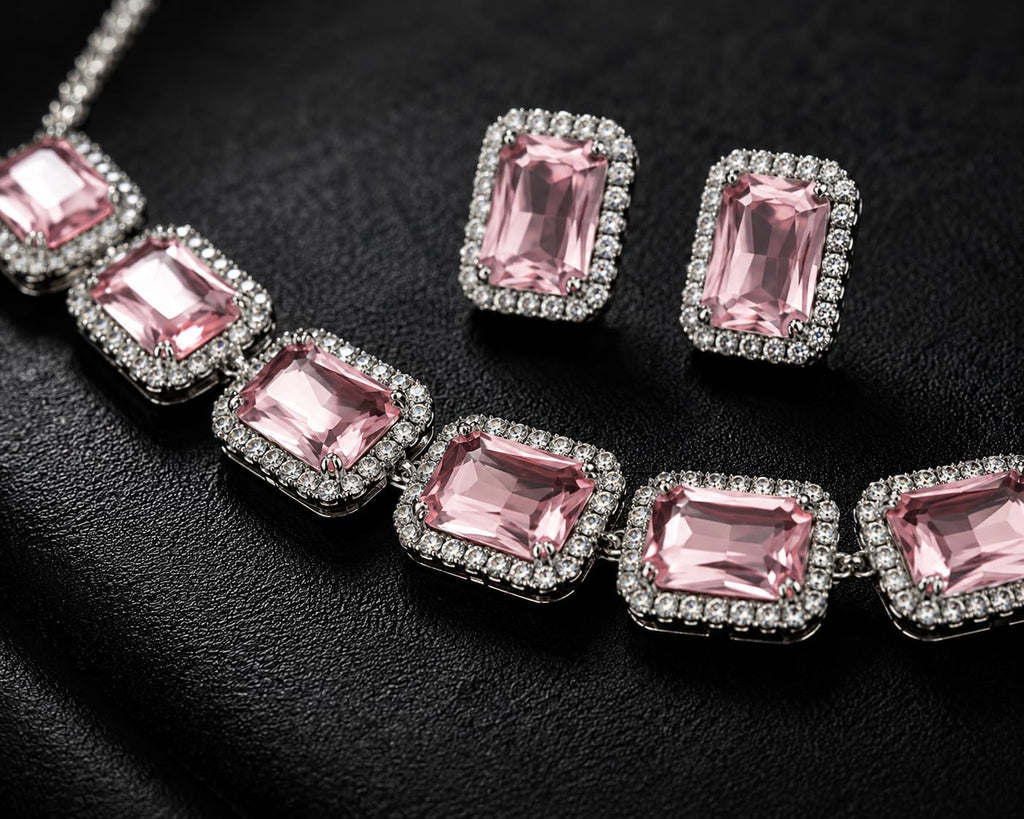 Aishri Pink Crystal Silver Necklace Set