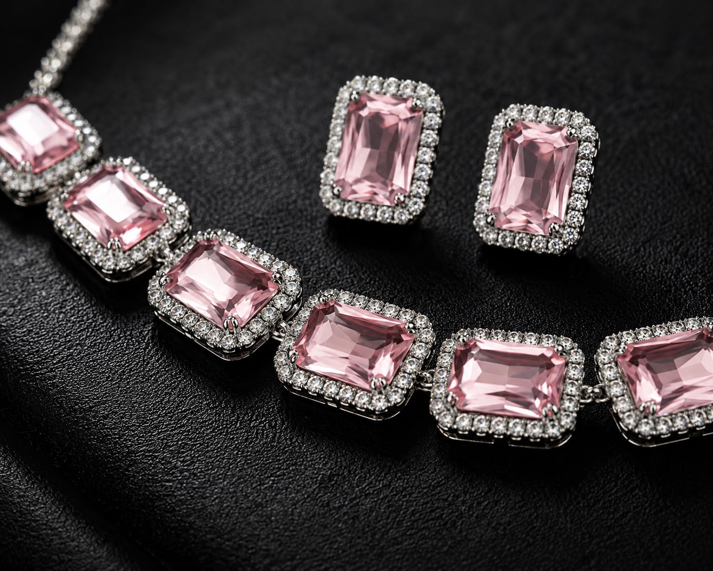 Aishri Pink Crystal Silver Necklace Set