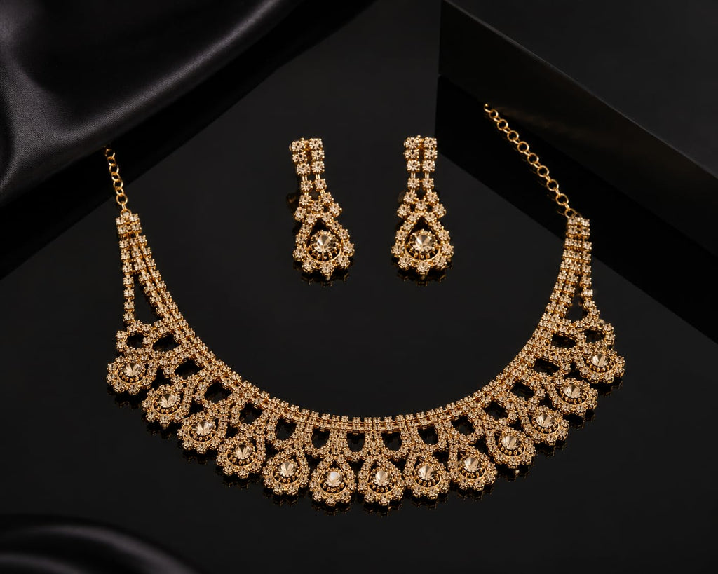 Aishri Champagne American Diamond Necklace Set with Matching Earrings