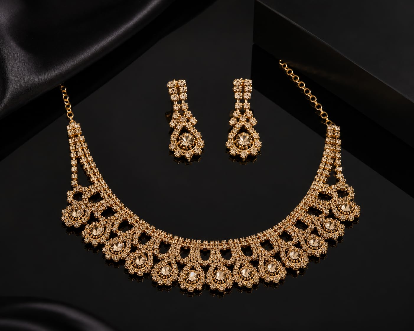 Aishri Champagne American Diamond Necklace Set with Matching Earrings