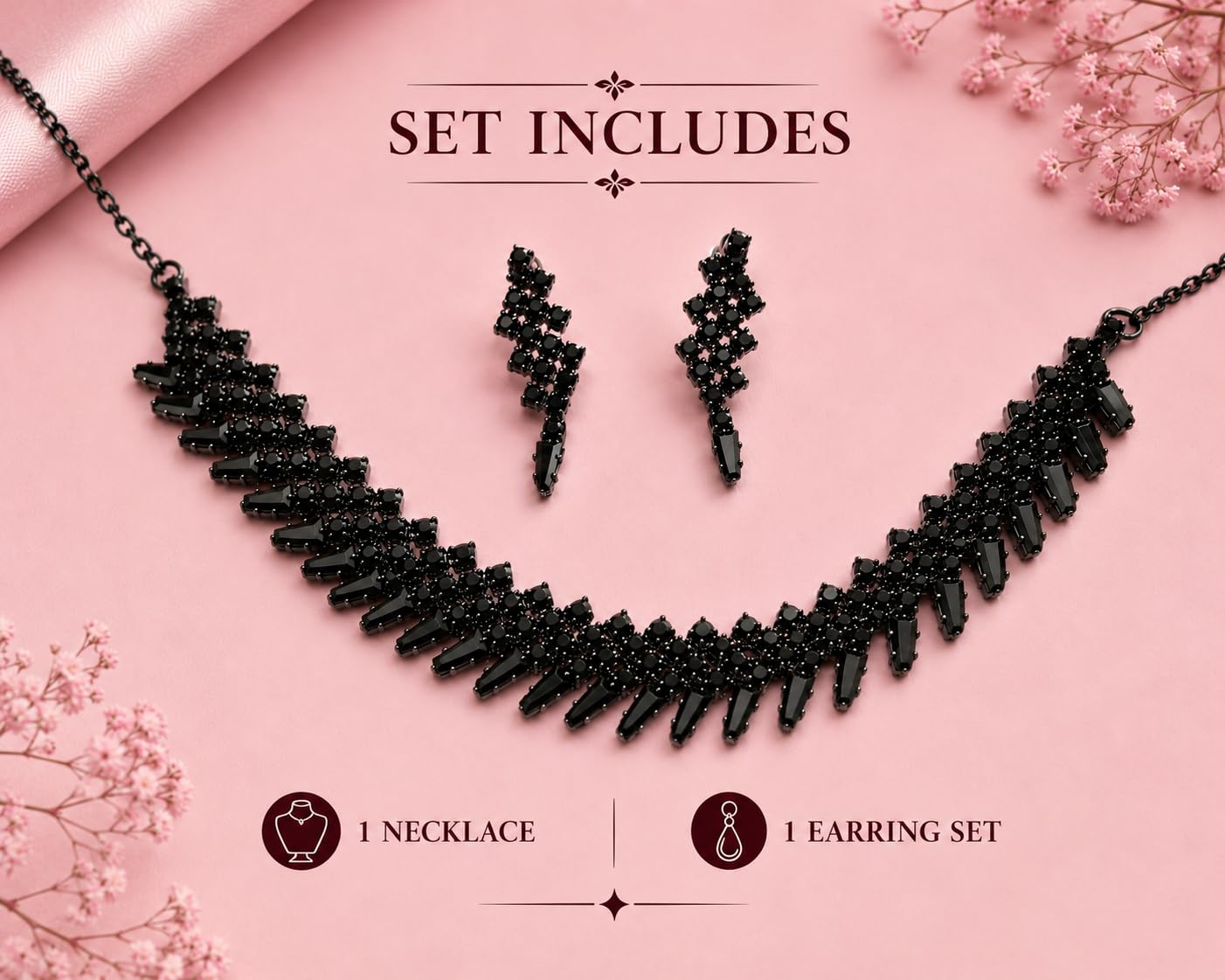 Aishri Black Crystal Necklace Set
