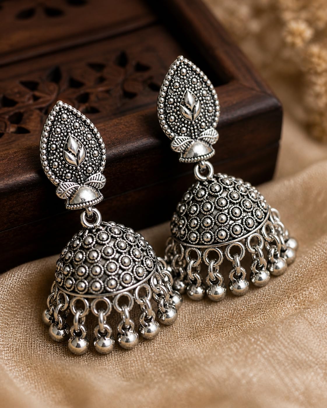 Aishri Oxidised Silver Tone Jhumki Earrings