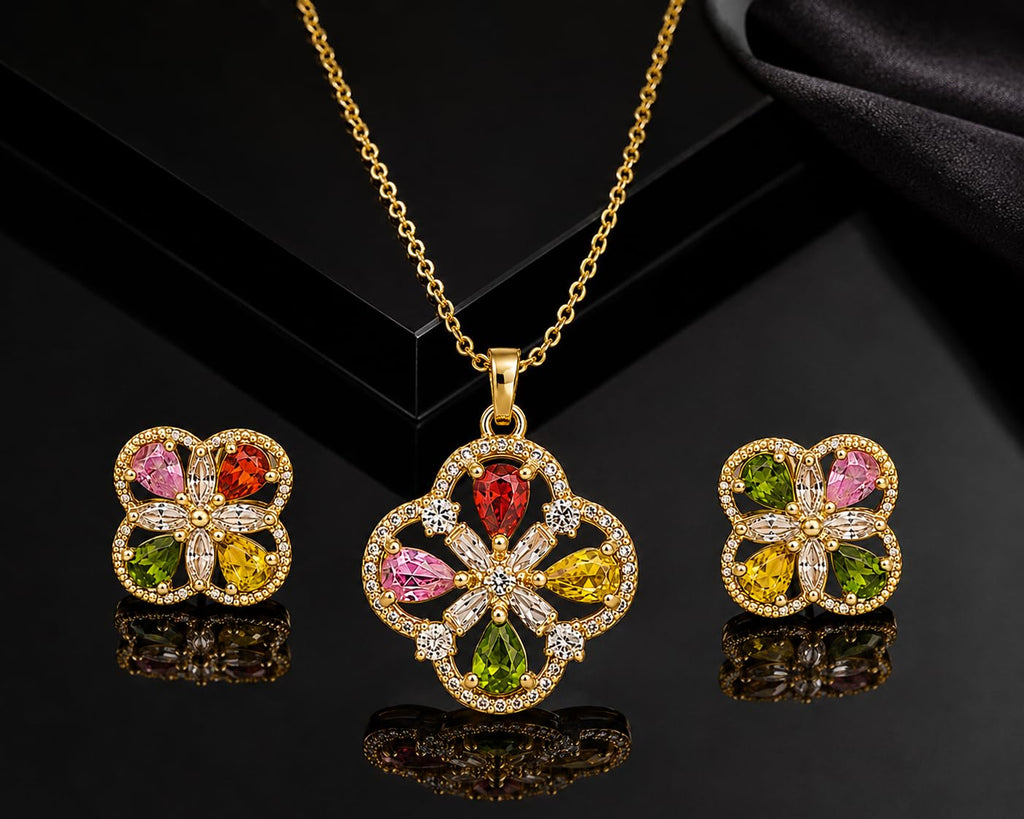 Aishri Multicolor Crystal Flower Pendant Necklace Set with Matching Stud Earrings