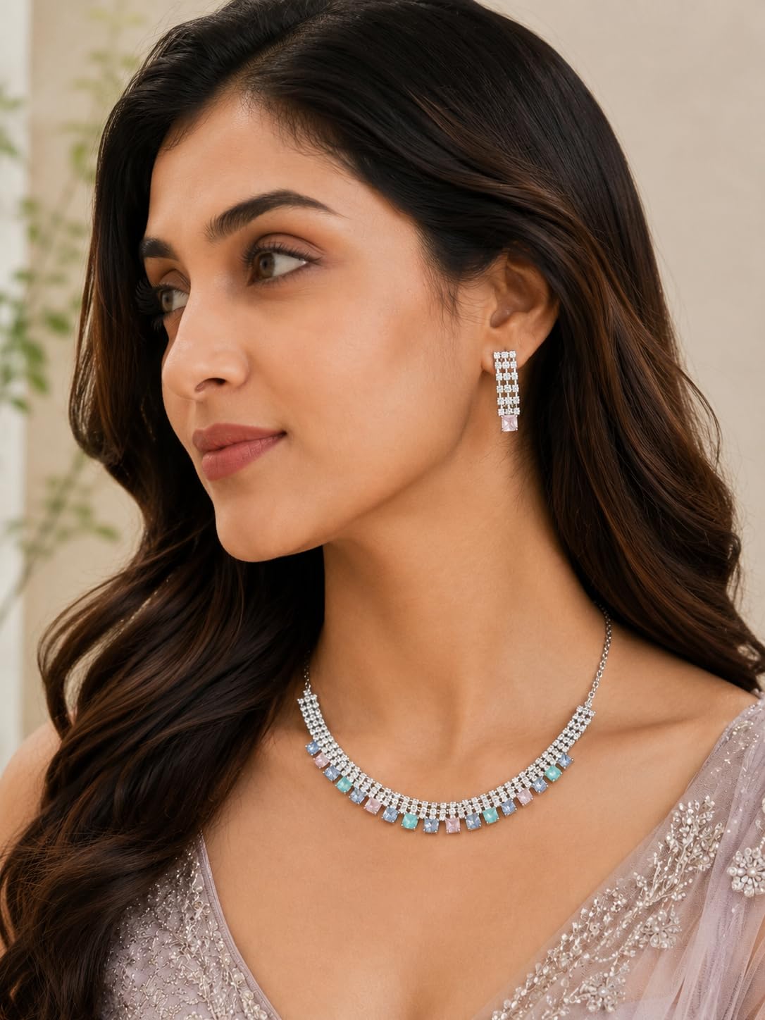 Aishri Multicolor American Diamond Necklace Set with Matching Earrings
