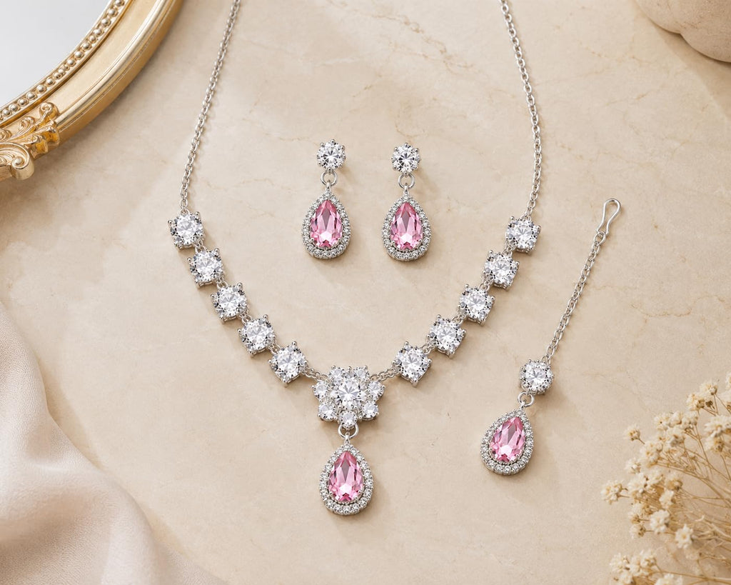 Aishri Pink Crystal Necklace Set with Matching Earrings and Maang Tikka