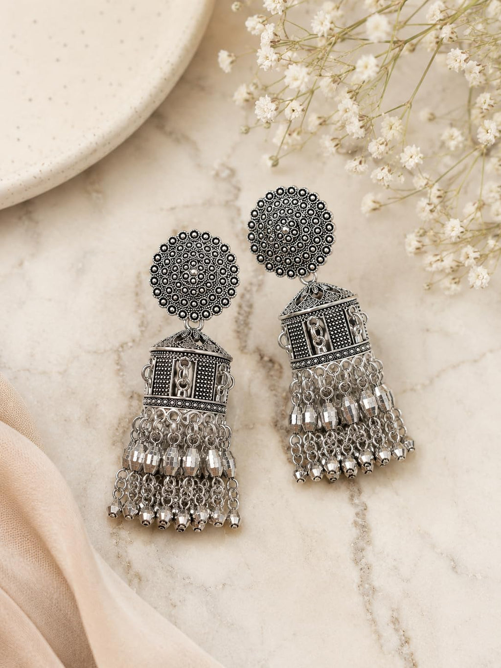 Aishri Oxidized Silver Long Tassel Ghungroo Jhumka Earrings