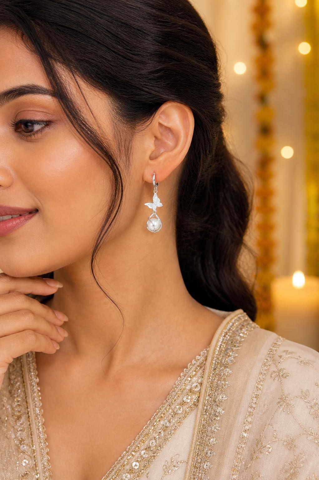 Aishri Silver Tone Butterfly Dangle Earrings