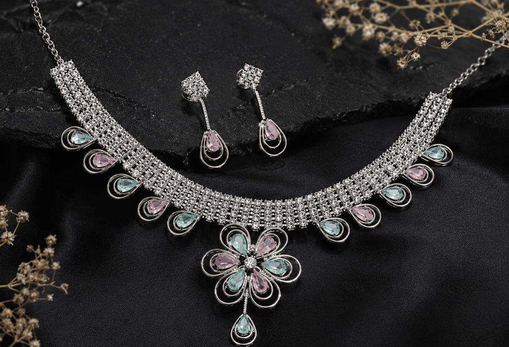 Aishri Floral Crystal Necklace Set with Pink and Mint Green Stones