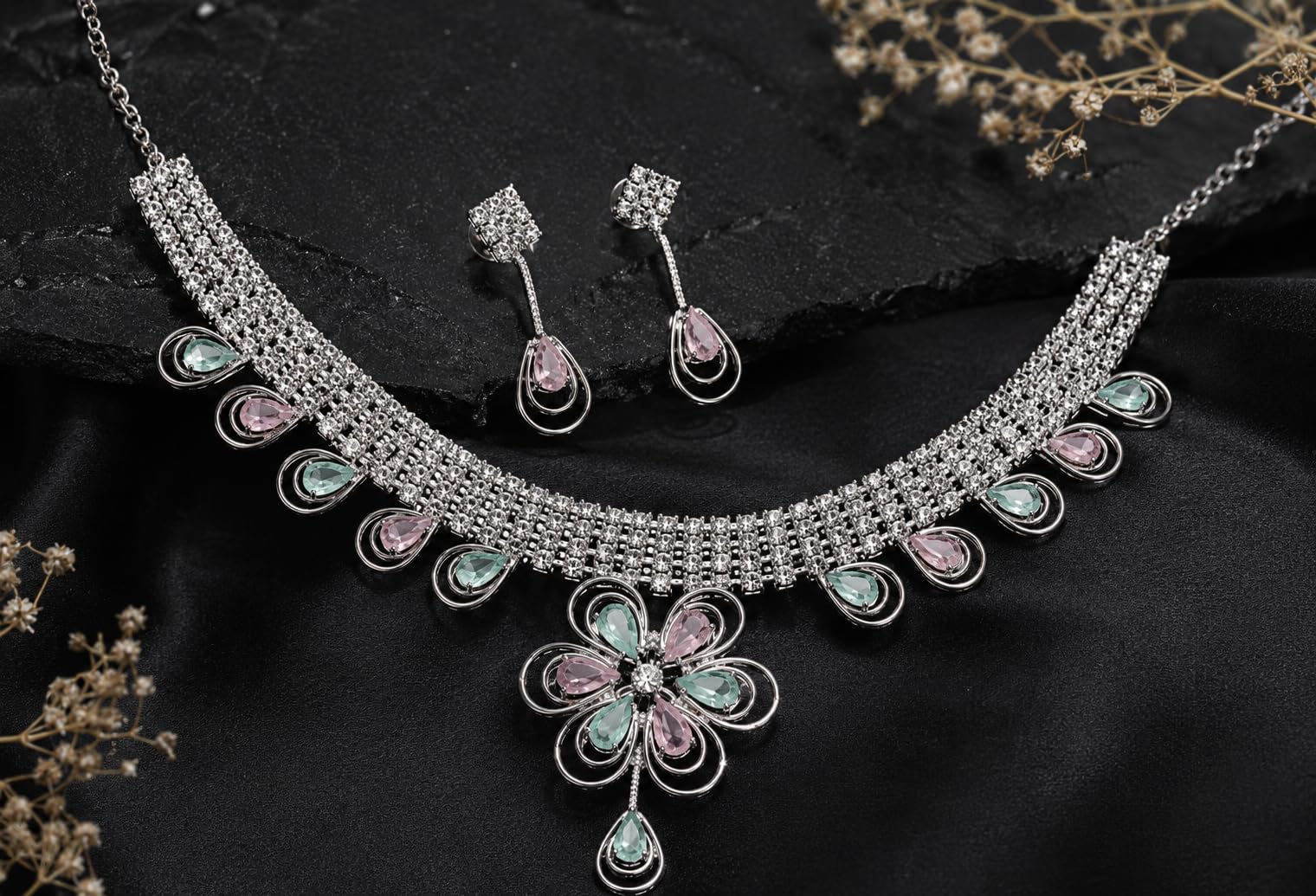 Aishri Floral Crystal Necklace Set with Pink and Mint Green Stones