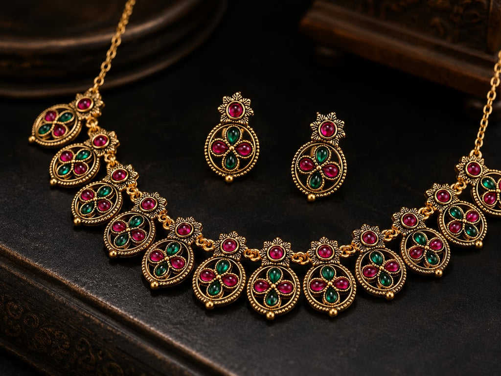 Aishri Traditional Red Green Stone Necklace Set with Matching Earrings
