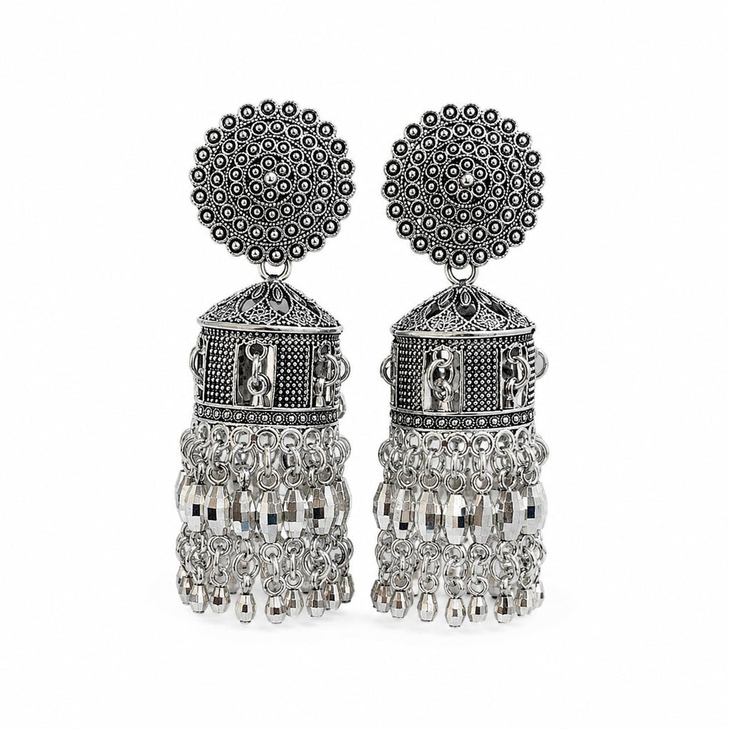 Aishri Oxidized Silver Long Tassel Ghungroo Jhumka Earrings