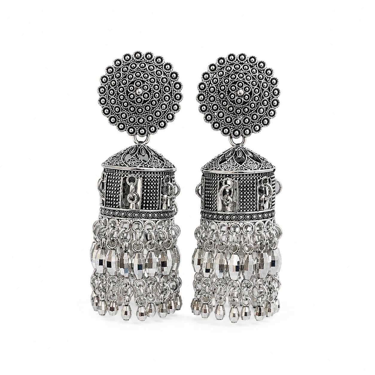 Aishri Oxidized Silver Long Tassel Ghungroo Jhumka Earrings