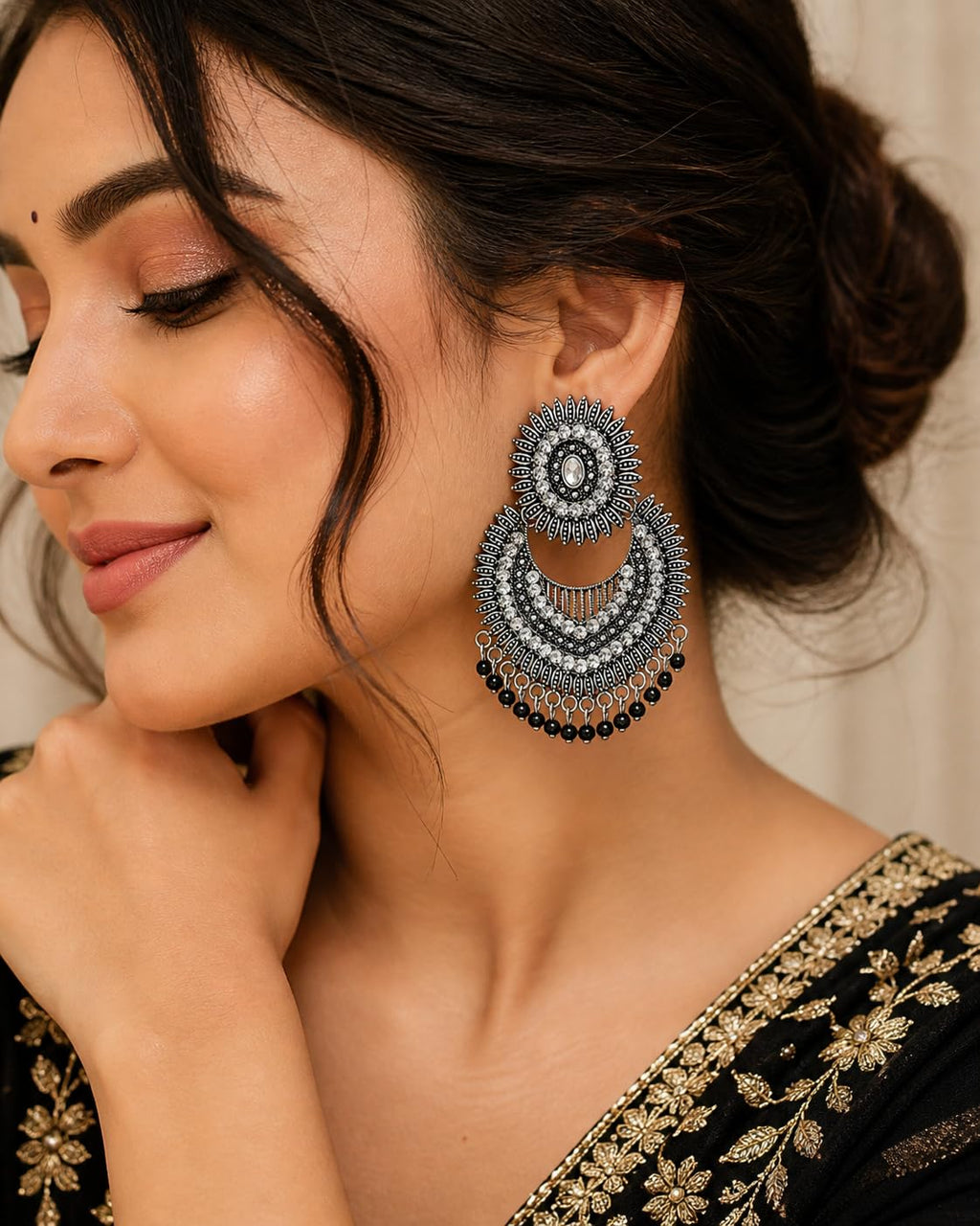 Aishri Oxidised Silver Tone Chandbali Dangle Earrings