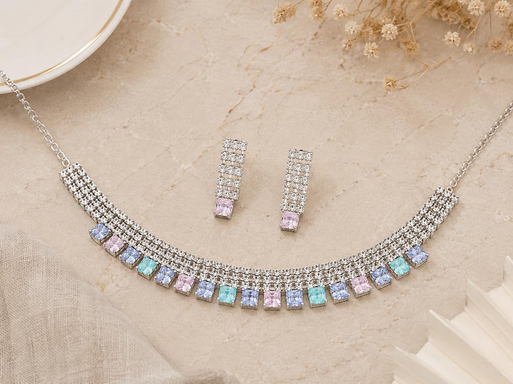 Aishri Multicolor American Diamond Necklace Set with Matching Earrings