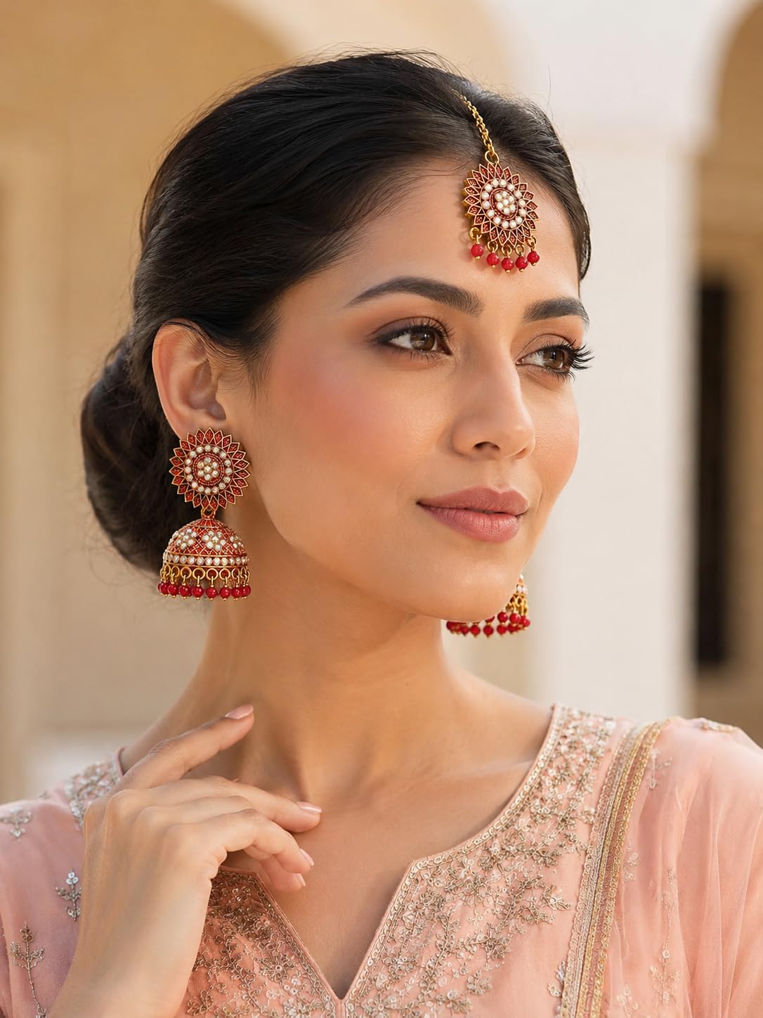 Aishri Red Stone Jhumka Earrings with Maang Tikka Set