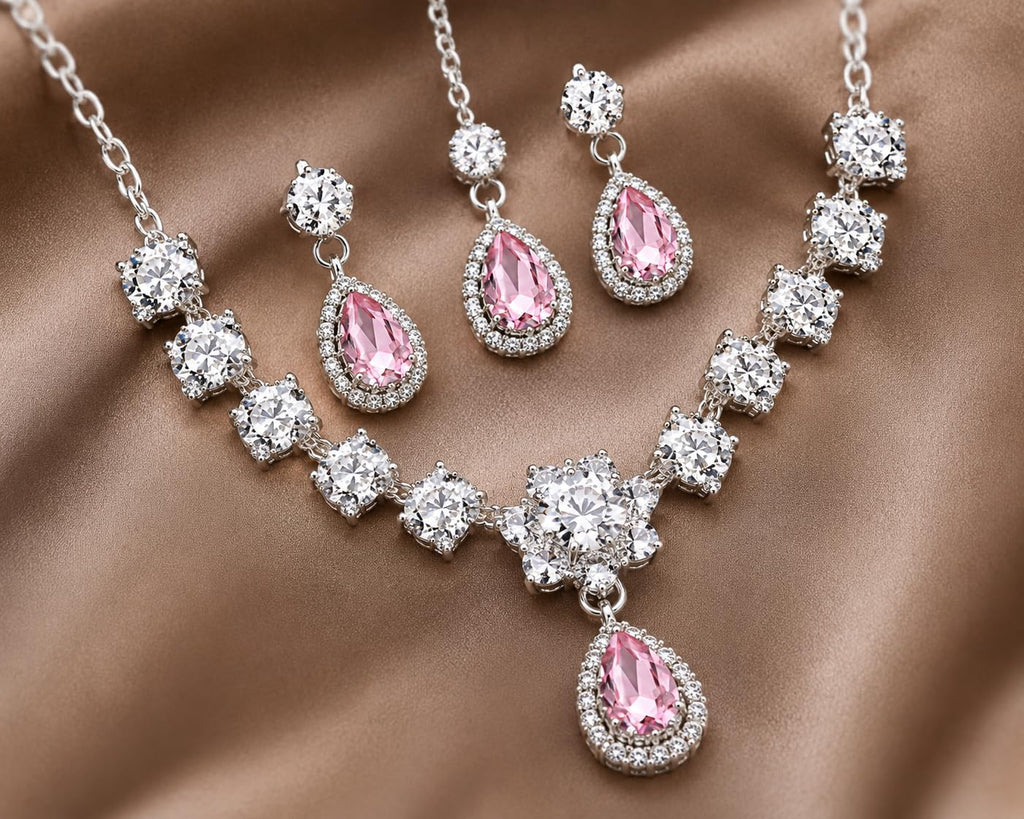 Aishri Pink Crystal Necklace Set with Matching Earrings and Maang Tikka