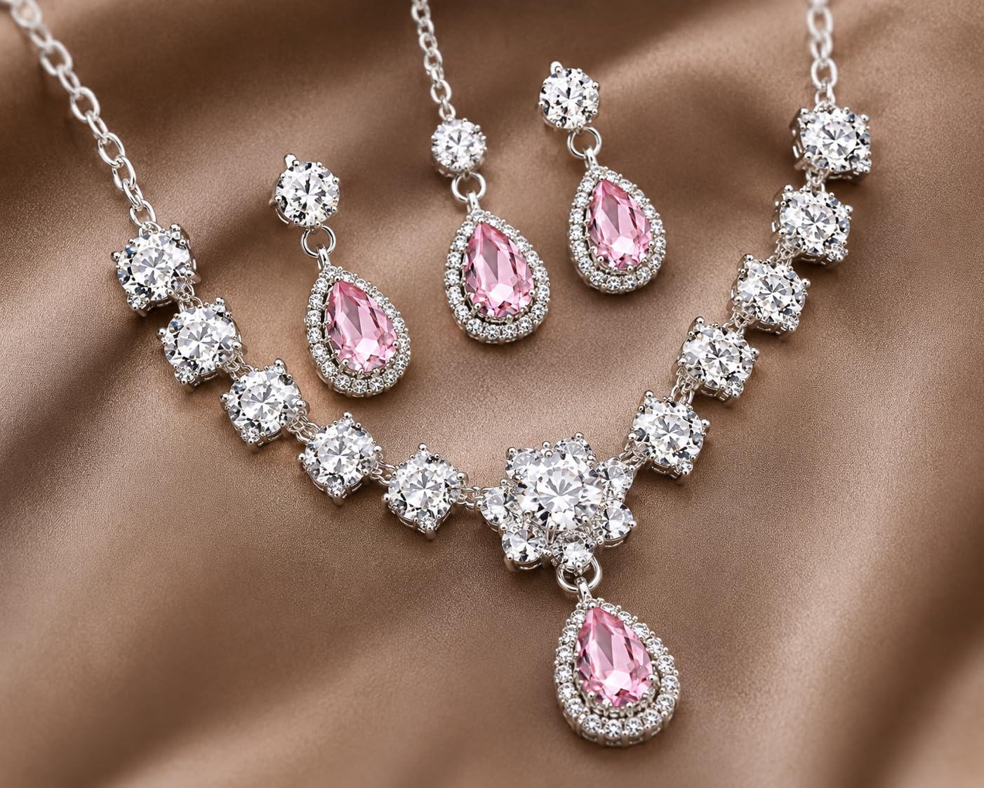 Aishri Pink Crystal Necklace Set with Matching Earrings and Maang Tikka