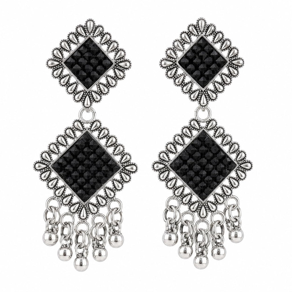 Aishri Silver Tone Black Stone Dangle Earrings