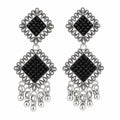 Aishri Silver Tone Black Stone Dangle Earrings