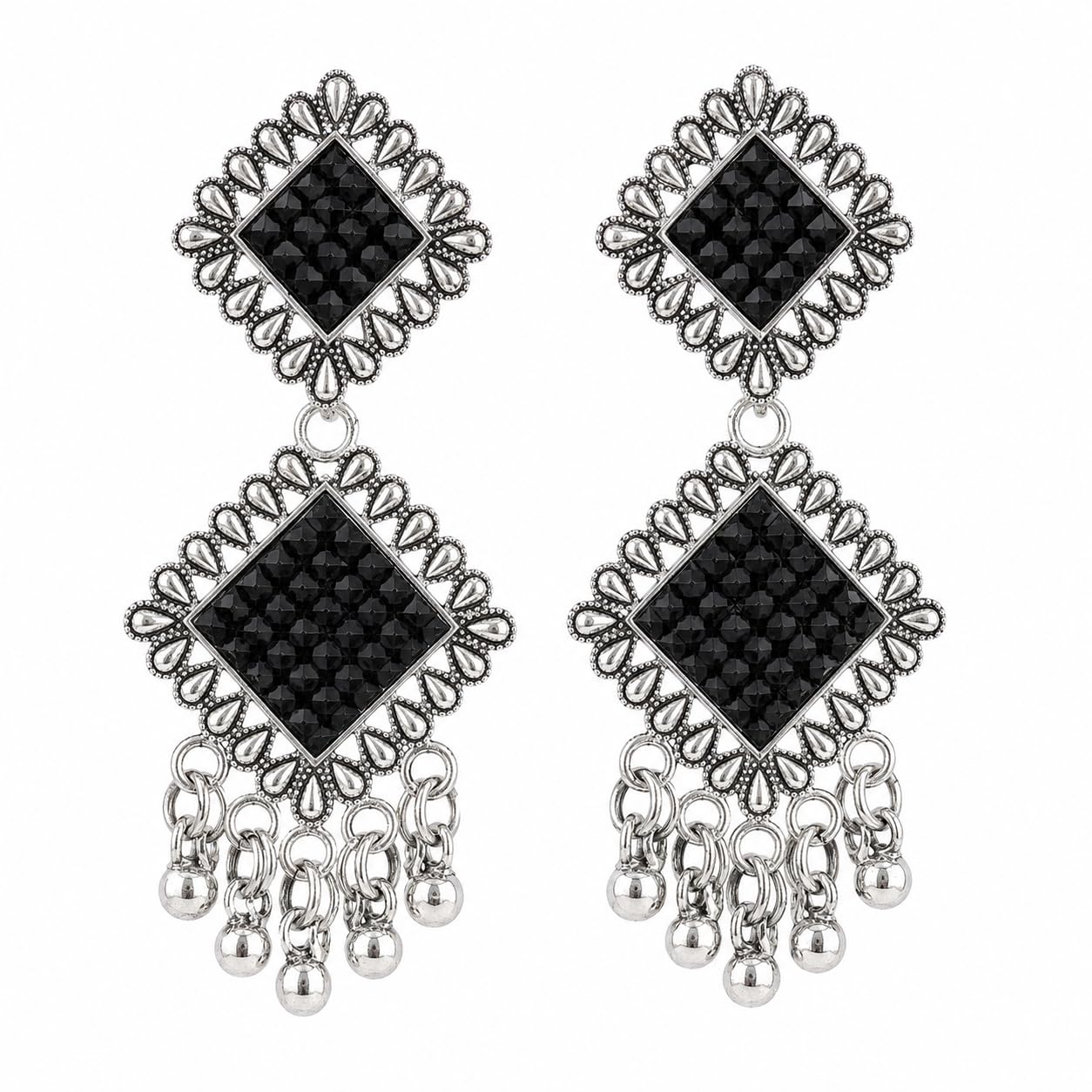 Aishri Silver Tone Black Stone Dangle Earrings
