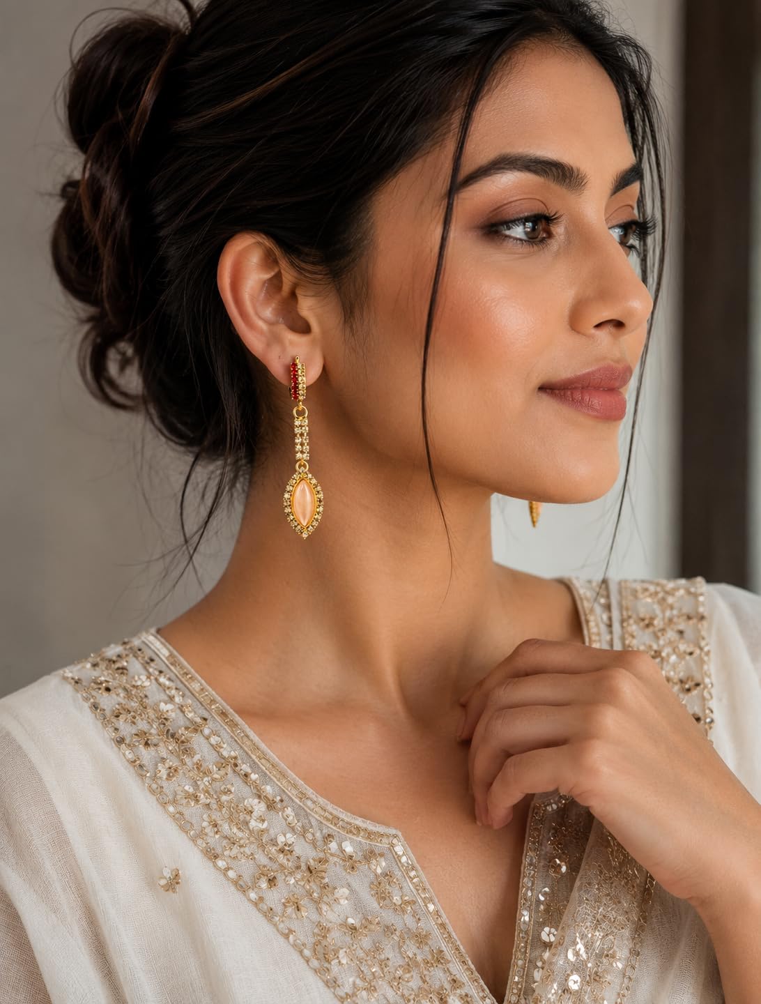 Aishri Gold Tone Marquise Stone Dangle Earrings