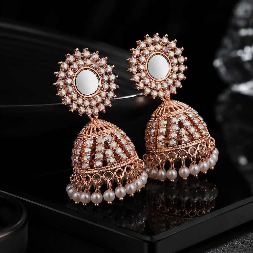 Aishri Rose Gold Mirror Work Jhumka Earrings