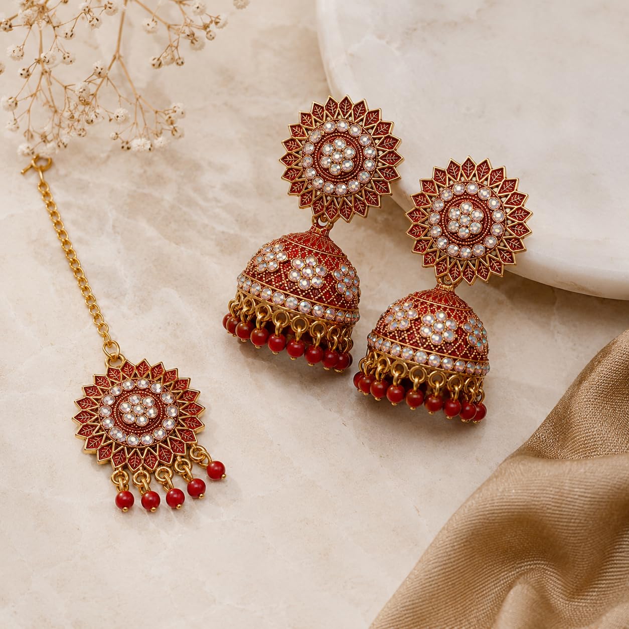 Aishri Red Stone Jhumka Earrings with Maang Tikka Set
