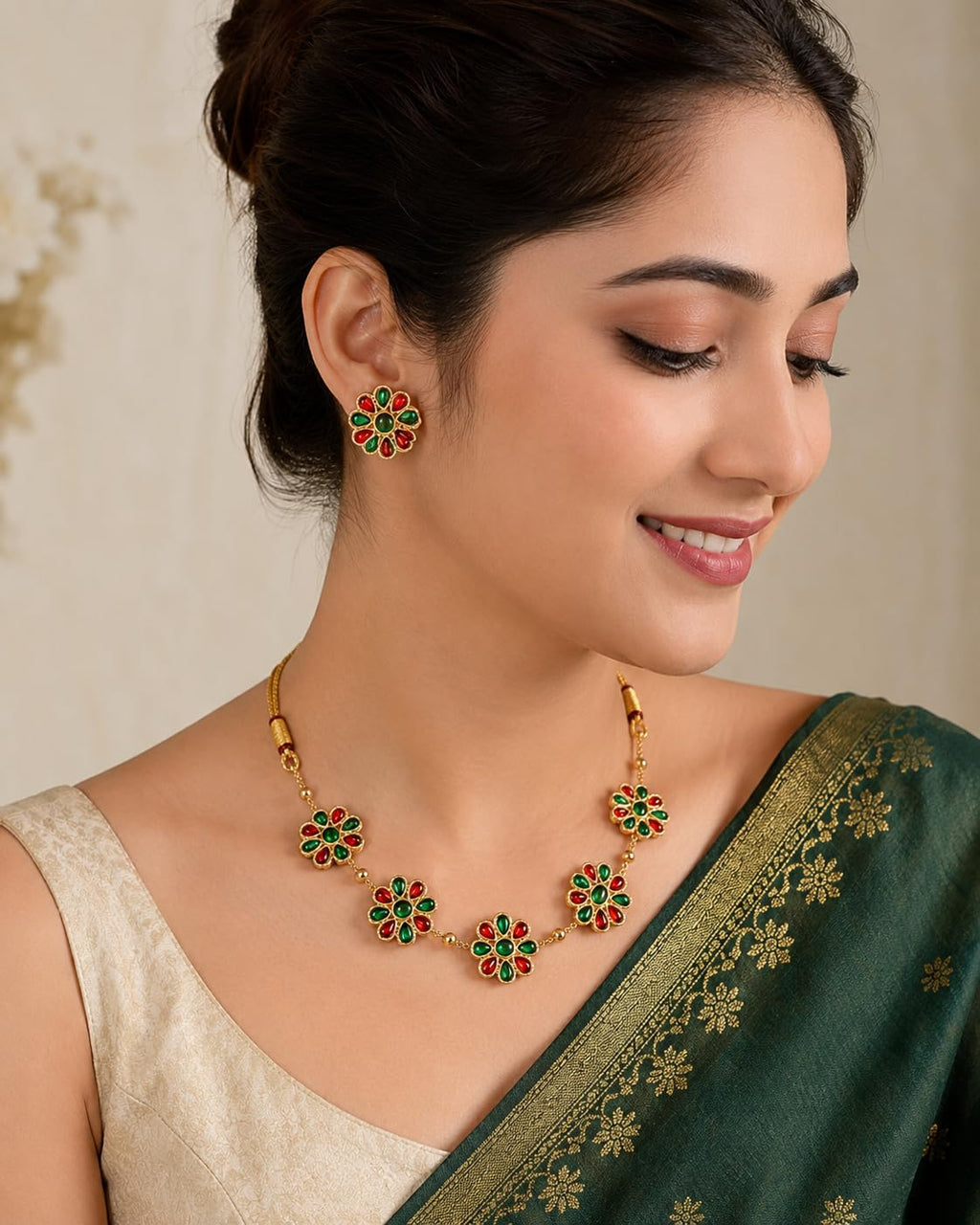 Aishri Red Green Floral Necklace Set