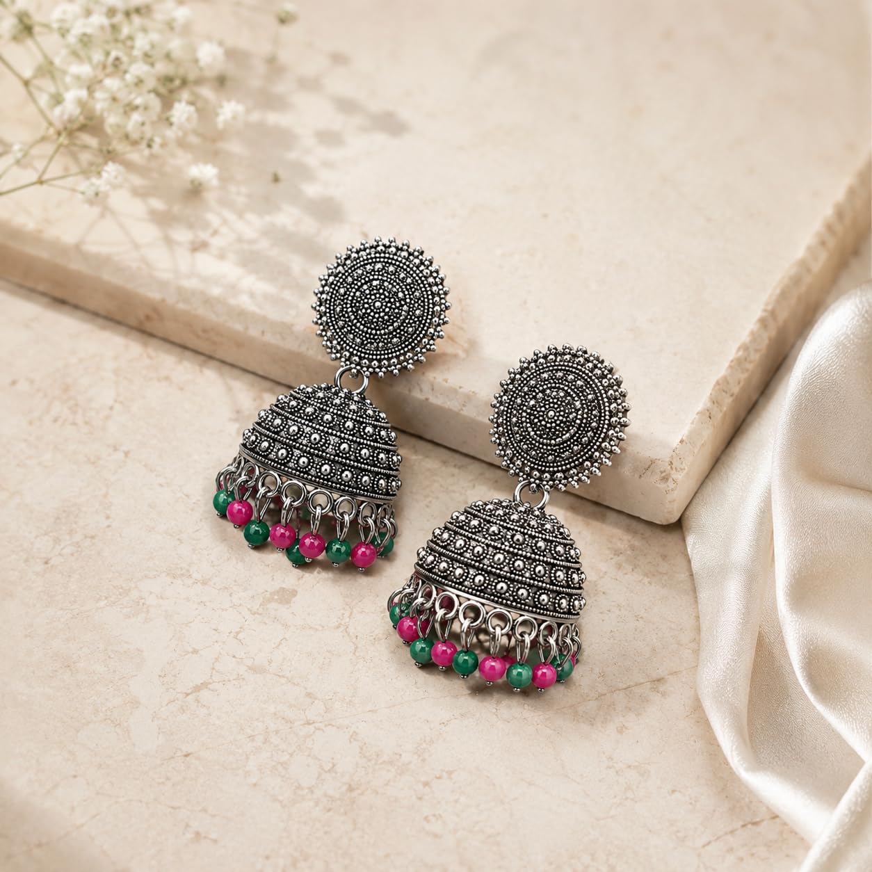 Aishri Oxidized Silver Beaded Jhumka Earrings