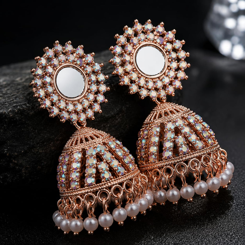 Aishri Rose Gold Mirror Work Jhumka Earrings