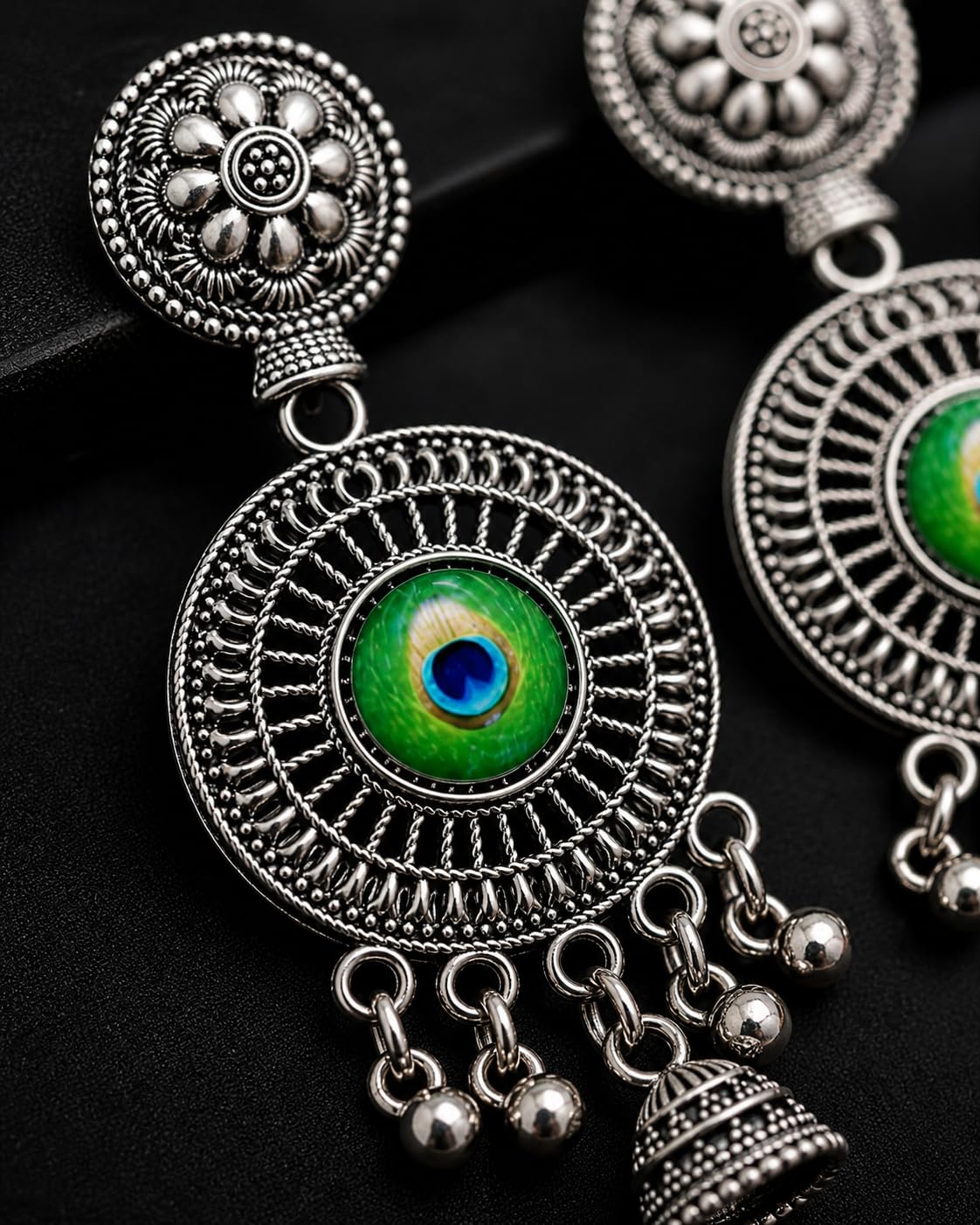 Aishri Oxidised Silver Tone Drop Earrings