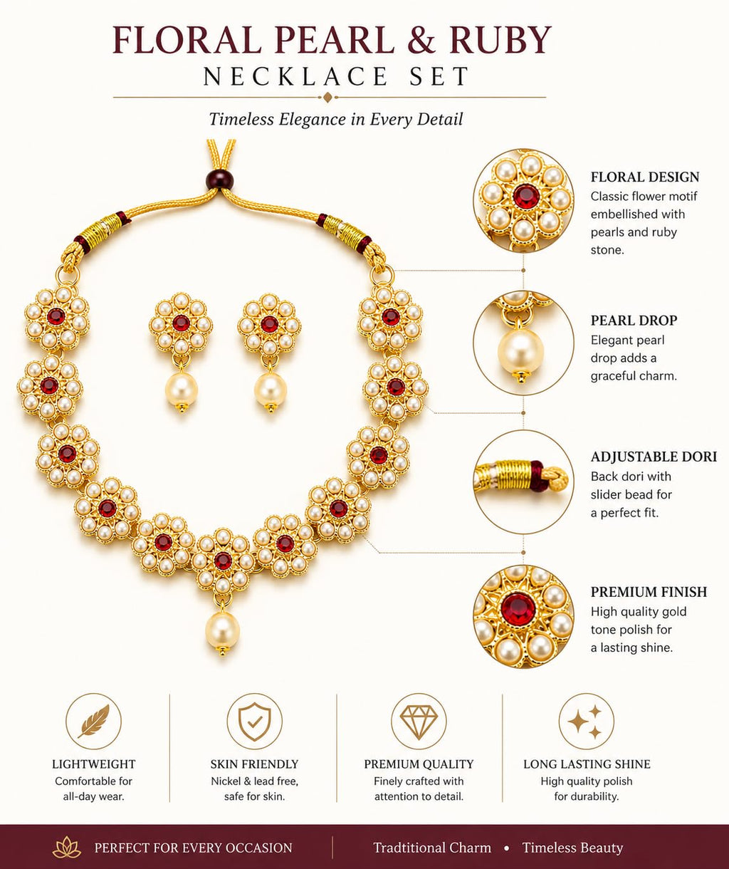 Aishri Ruby Floral Pearl Necklace Set