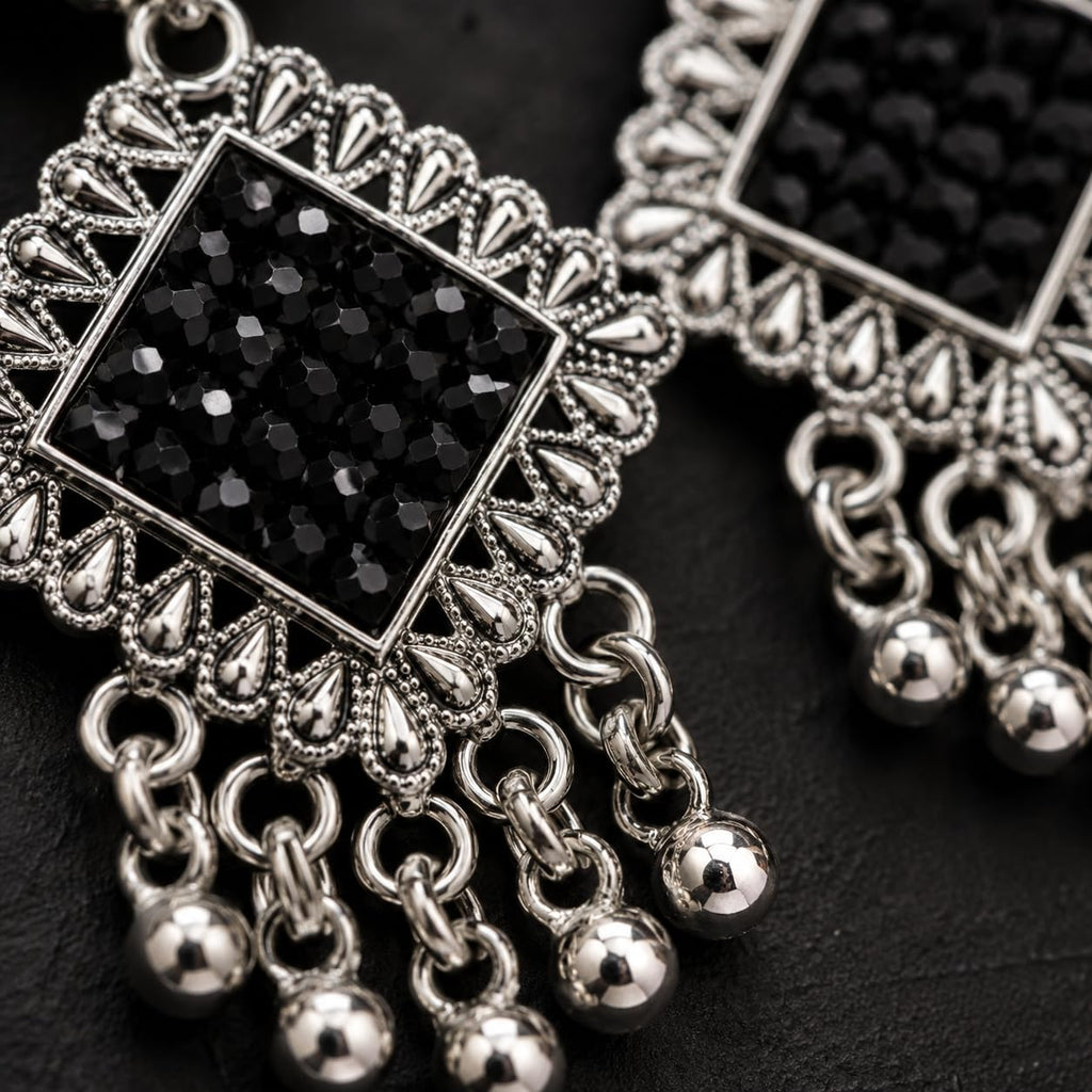 Aishri Silver Tone Black Stone Dangle Earrings