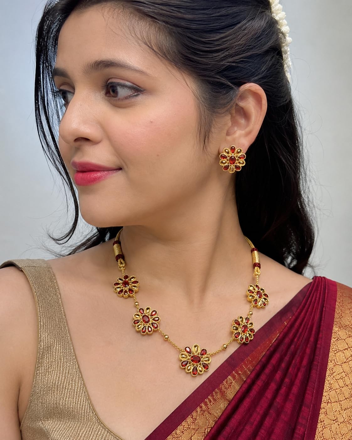 Aishri Ruby Floral Gold Necklace Set