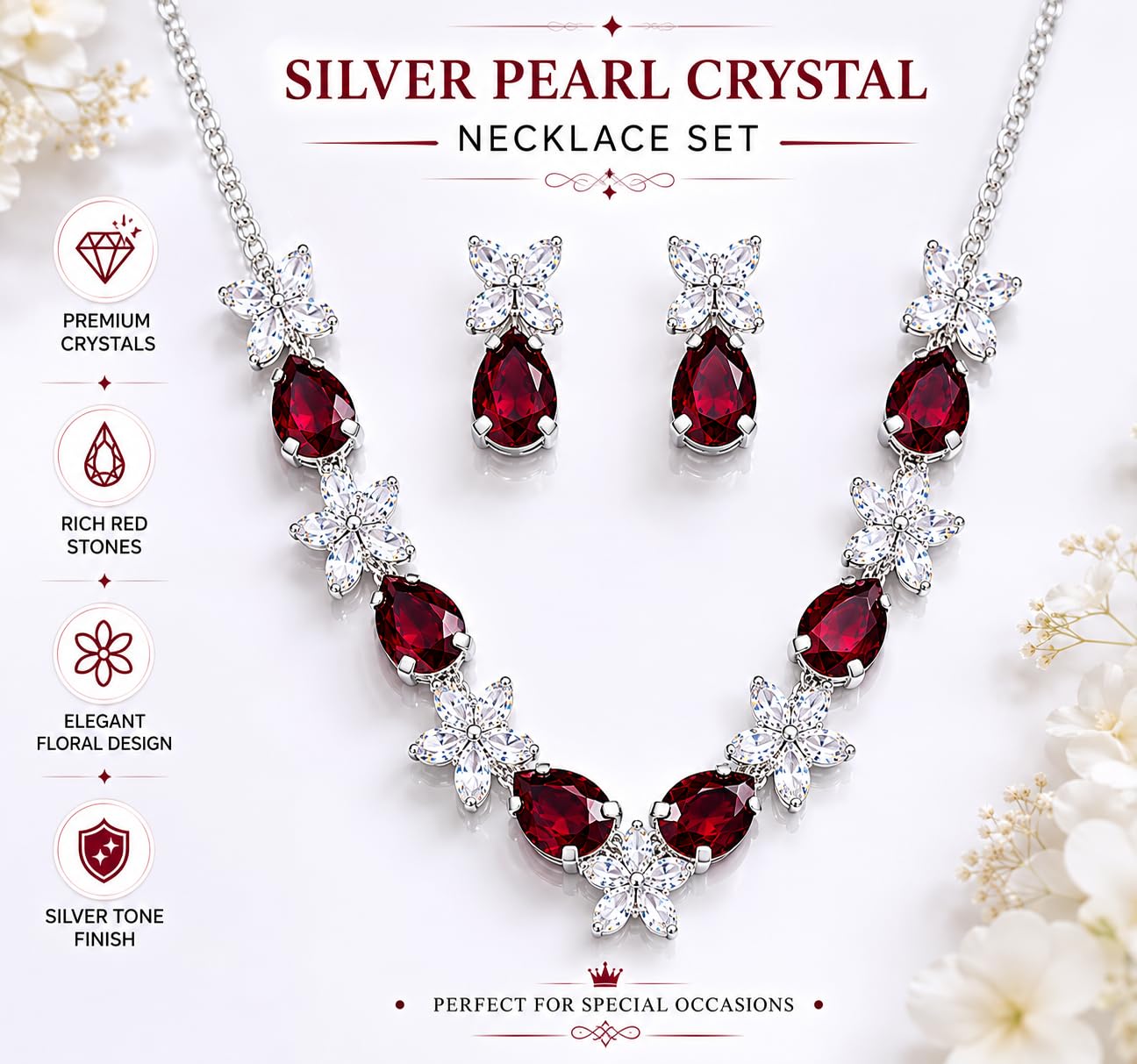 Aishri Ruby Crystal Silver Necklace Set