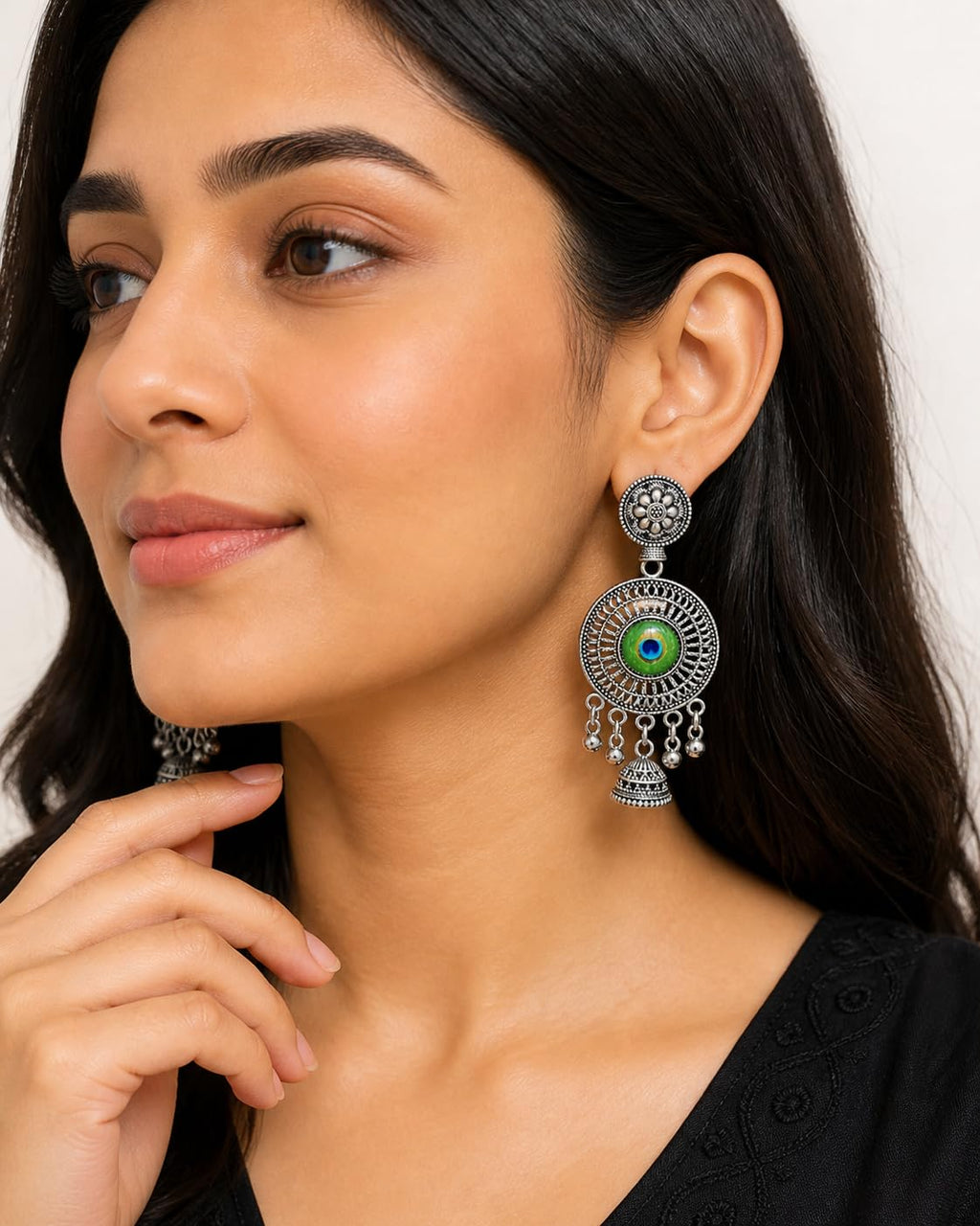 Aishri Oxidised Silver Tone Drop Earrings