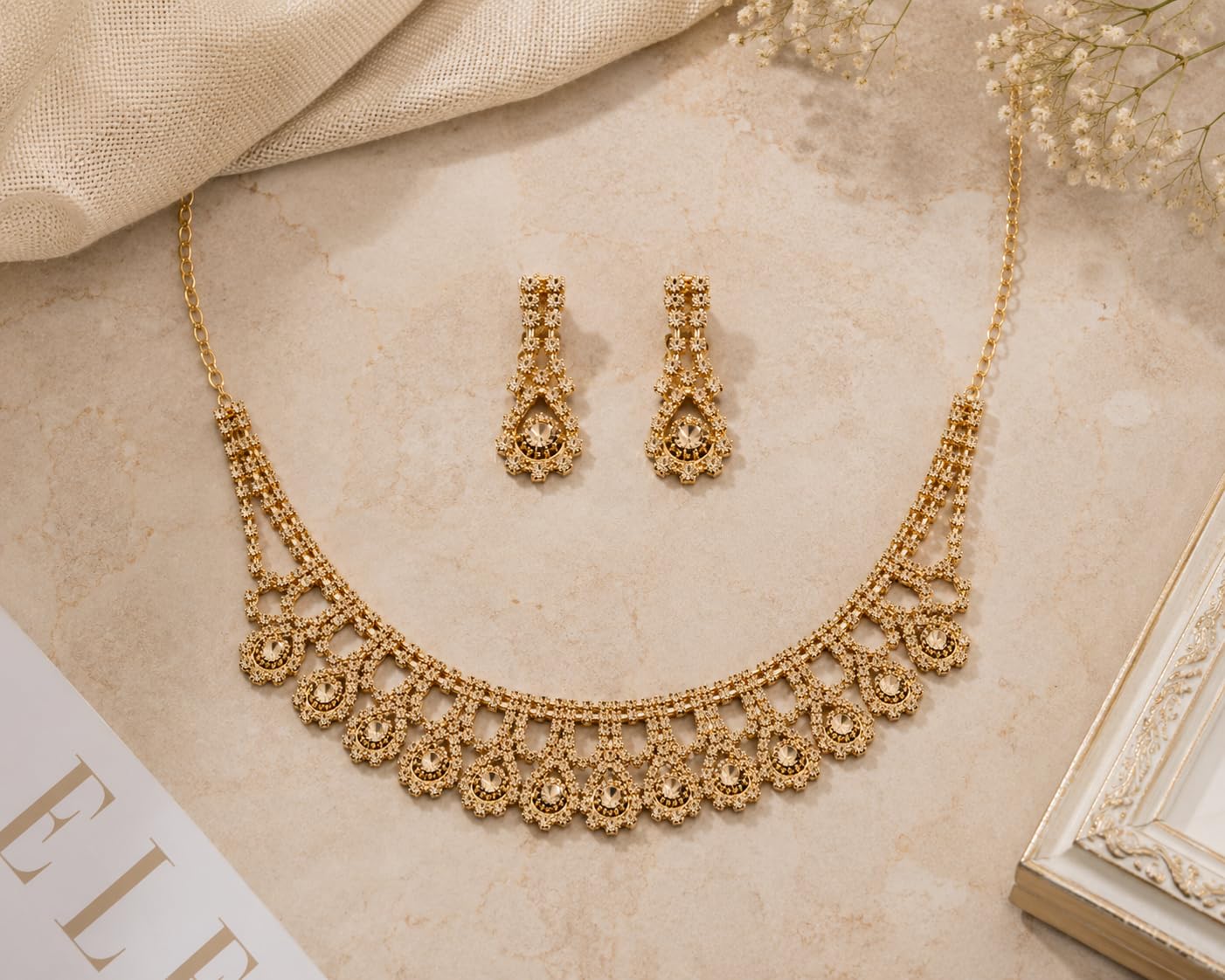 Aishri Champagne American Diamond Necklace Set with Matching Earrings